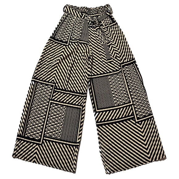 Wide Leg Pleaded Geometric Women S Pants Elastic Waist  Tie Strap Belt Retro - Picture 1 of 9